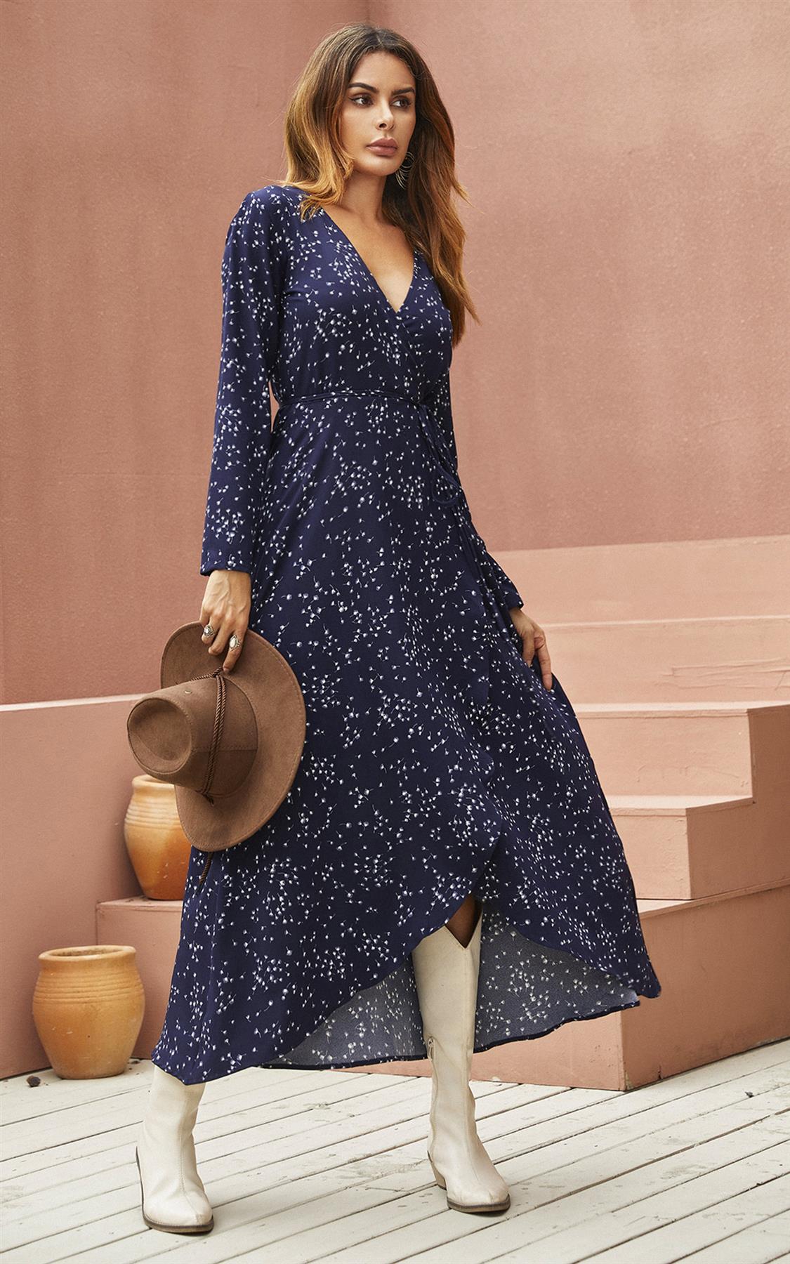 White Dandelion Floral Print Wrap Midaxi Dress In Navy – FS Collection  (London)